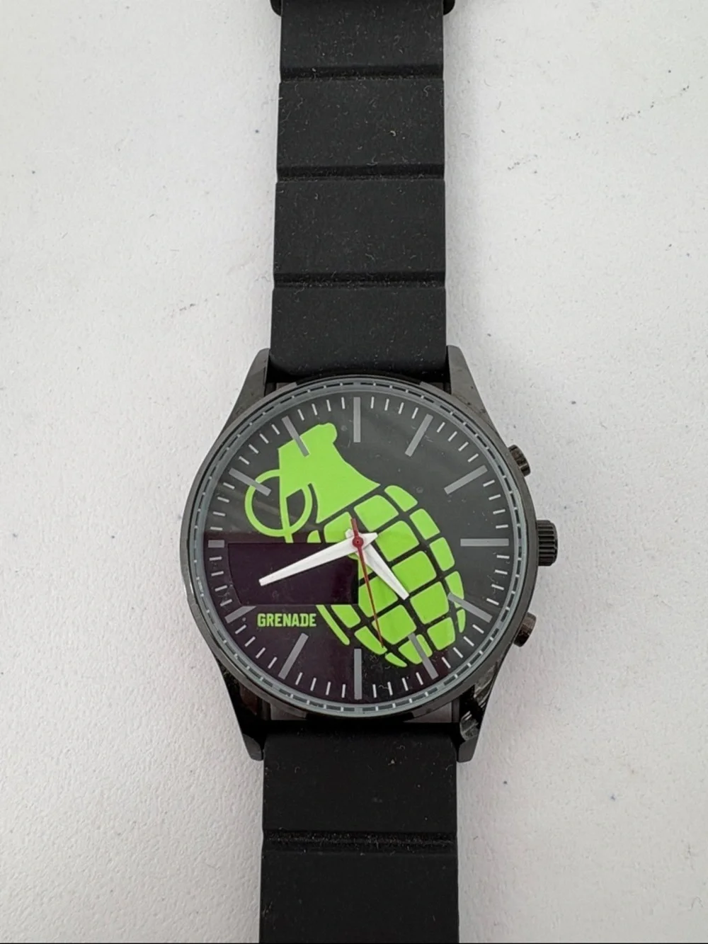 🐯 Grenade Launch Black Silicone Strap Watch with Green Dial Accent